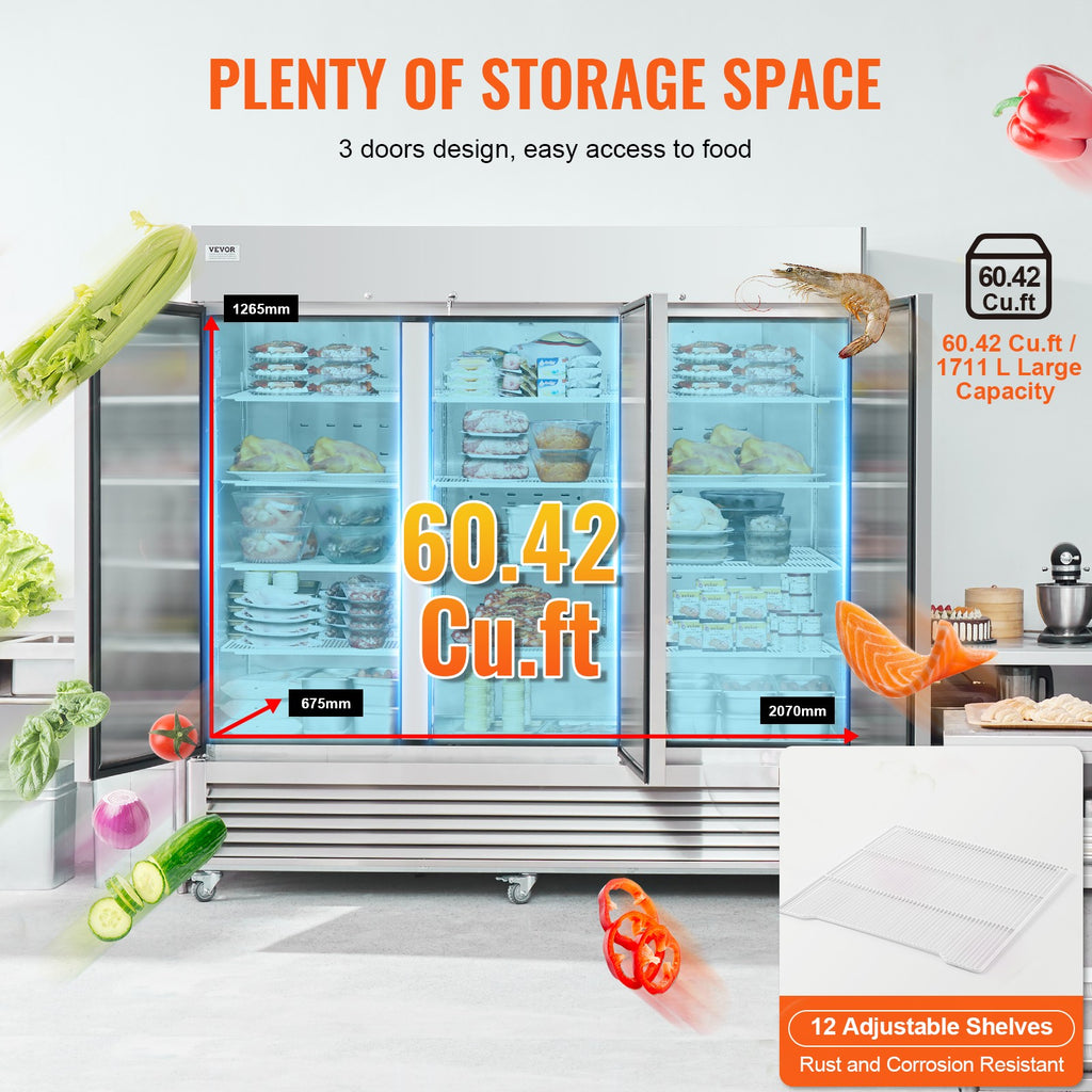 VEVOR Commercial Freezer 60.42 Cu.Ft Reach in Upright Freezer 3 Doors 12 Shelves
