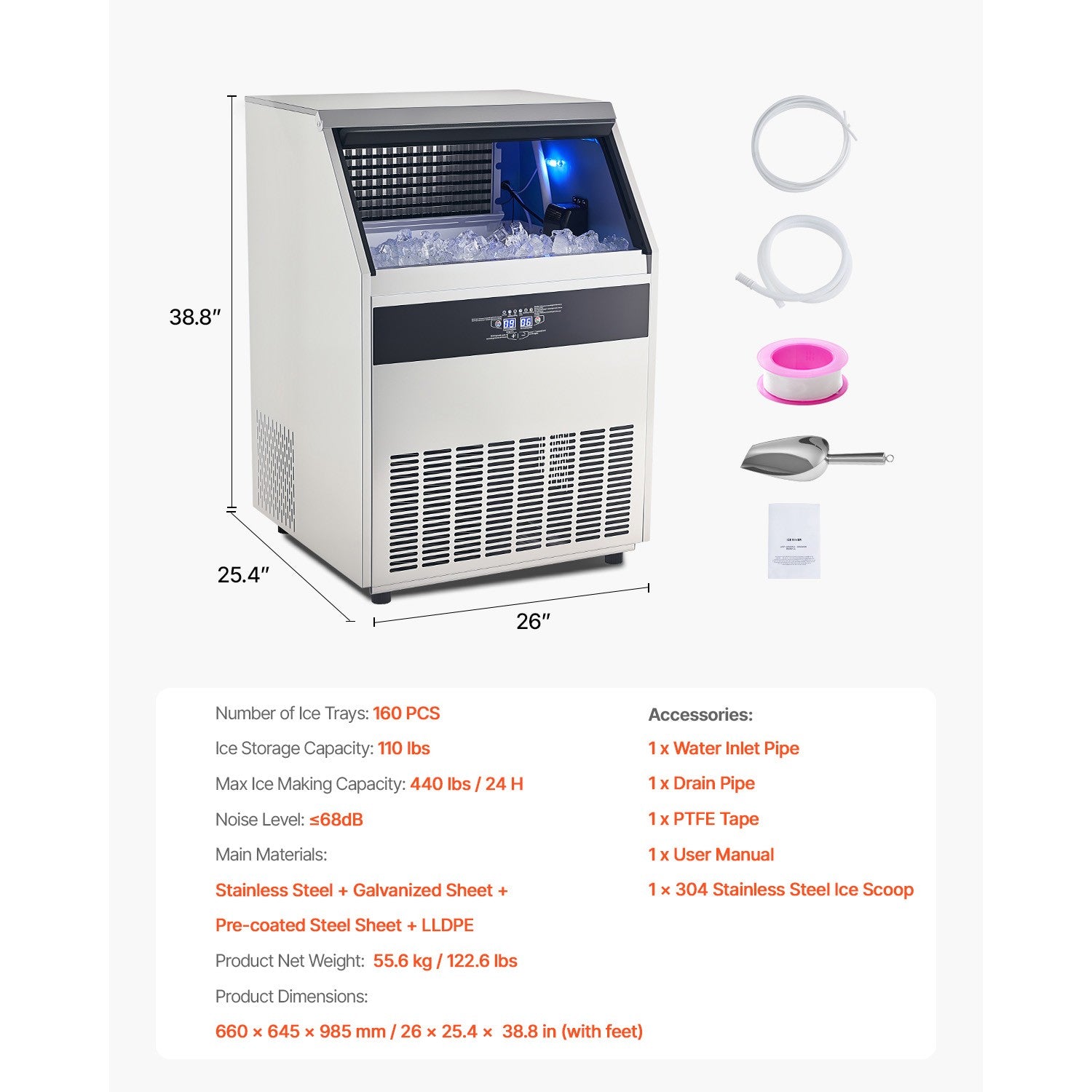 Uimoso 440Lbs/24H Commercial Ice Maker Restaurant Ice Machine 110Lbs Storage