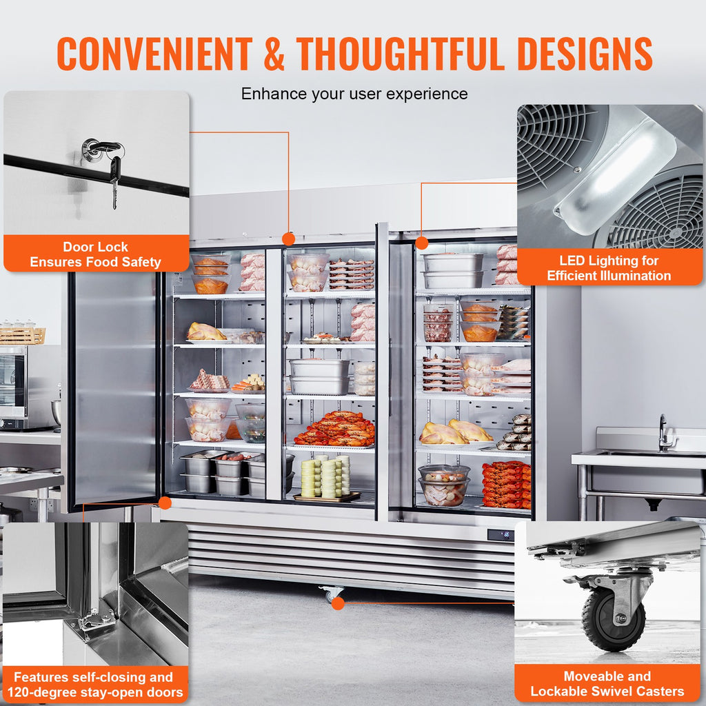 VEVOR Commercial Freezer 60.42 Cu.Ft Reach in Upright Freezer 3 Doors 12 Shelves