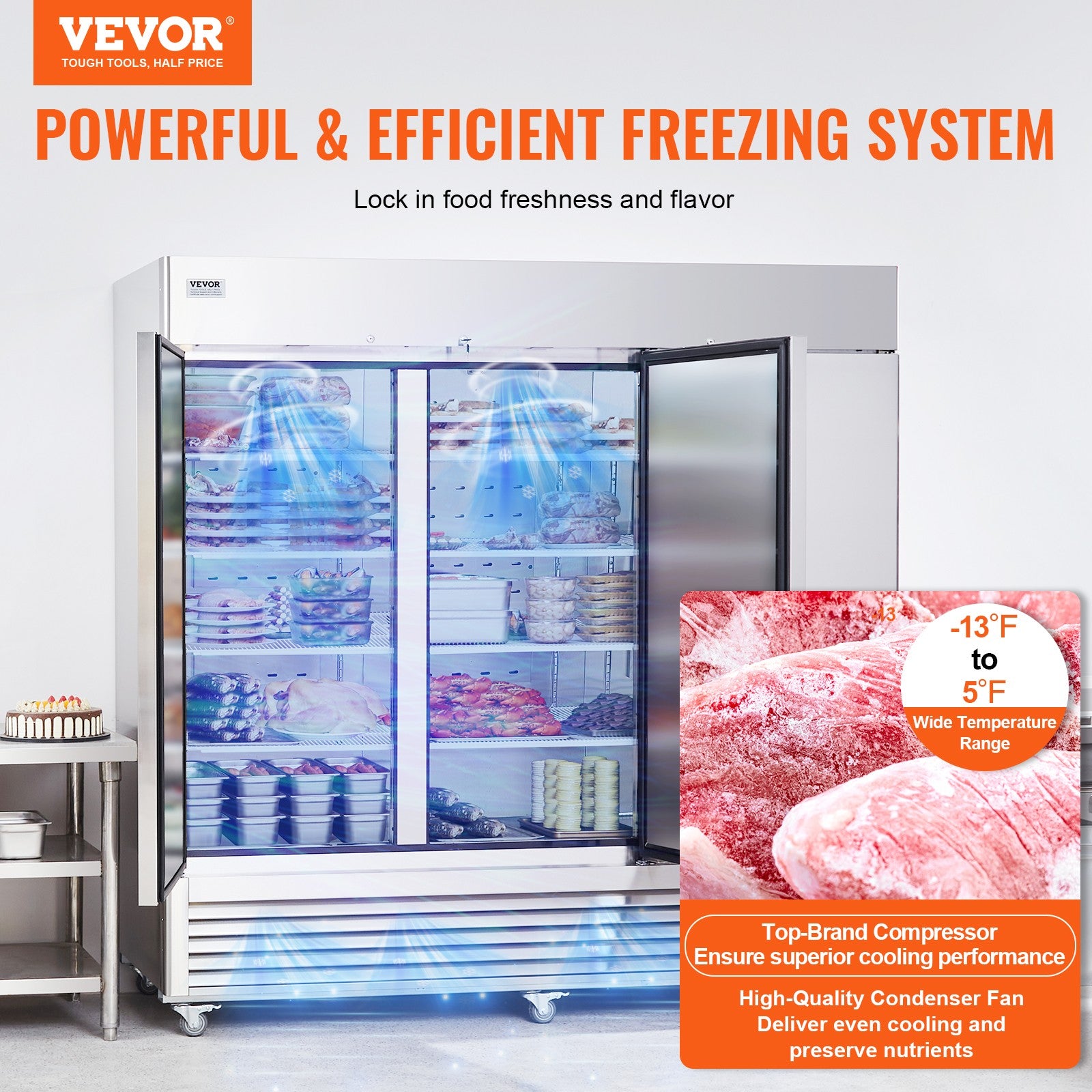 VEVOR Commercial Freezer 60.42 Cu.Ft Reach in Upright Freezer 3 Doors 12 Shelves