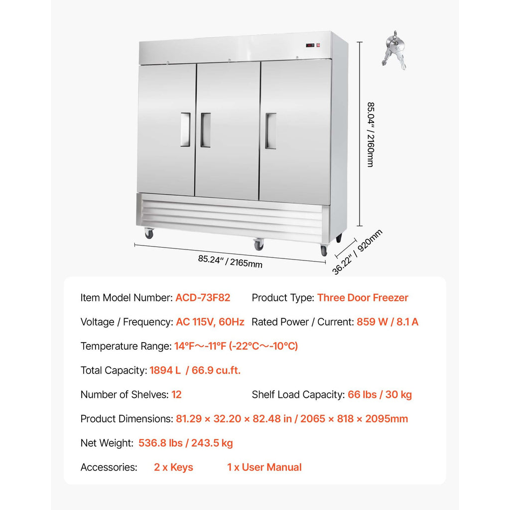 Uimoso Commercial Upright Reach-In Freezer 66.9 Cu.Ft with 3 Door and 12 Shelves