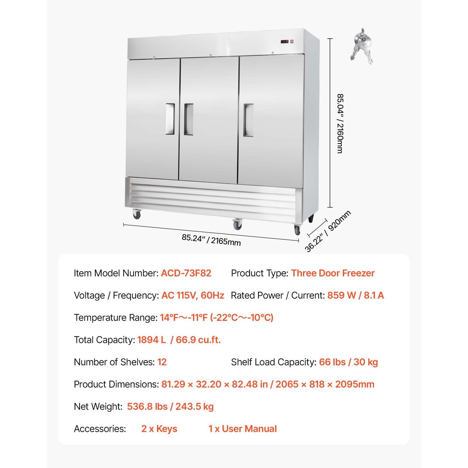 Uimoso Commercial Upright Reach-In Freezer 66.9 Cu.Ft with 3 Door and 12 Shelves