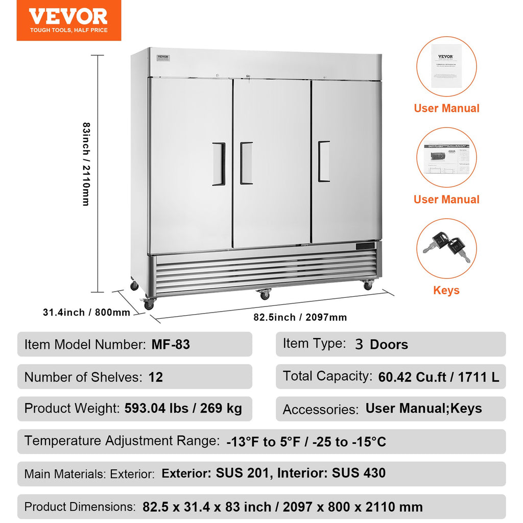 VEVOR Commercial Freezer 60.42 Cu.Ft Reach in Upright Freezer 3 Doors 12 Shelves
