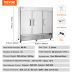 VEVOR Commercial Freezer 60.42 Cu.Ft Reach in Upright Freezer 3 Doors 12 Shelves